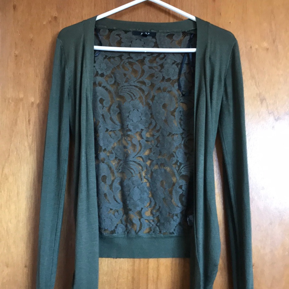 Navy green cardigan with a lace back